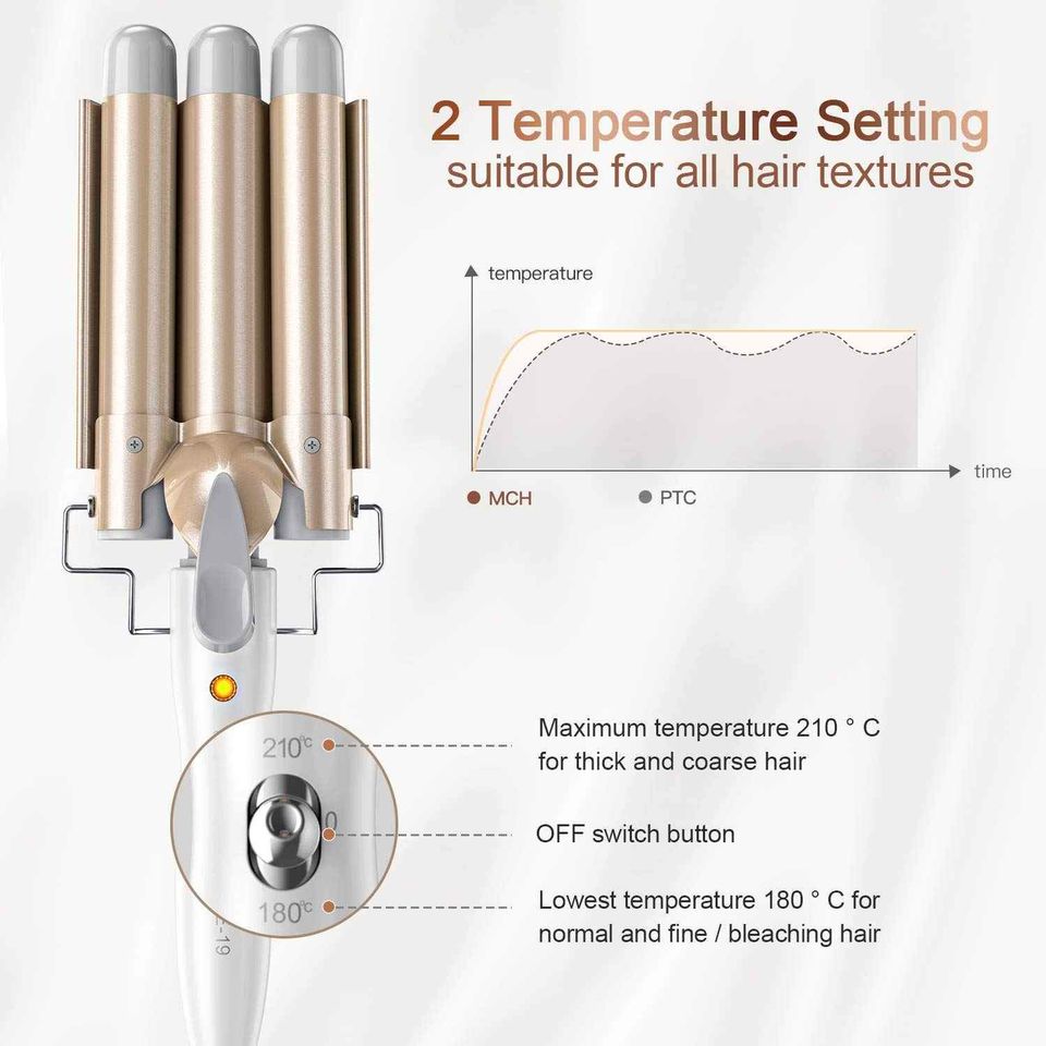 Beauty Hair Curling Iron Wand, 3 Barrels 1 Inch Ceramic Tourmaline Coating Hair Crimper
