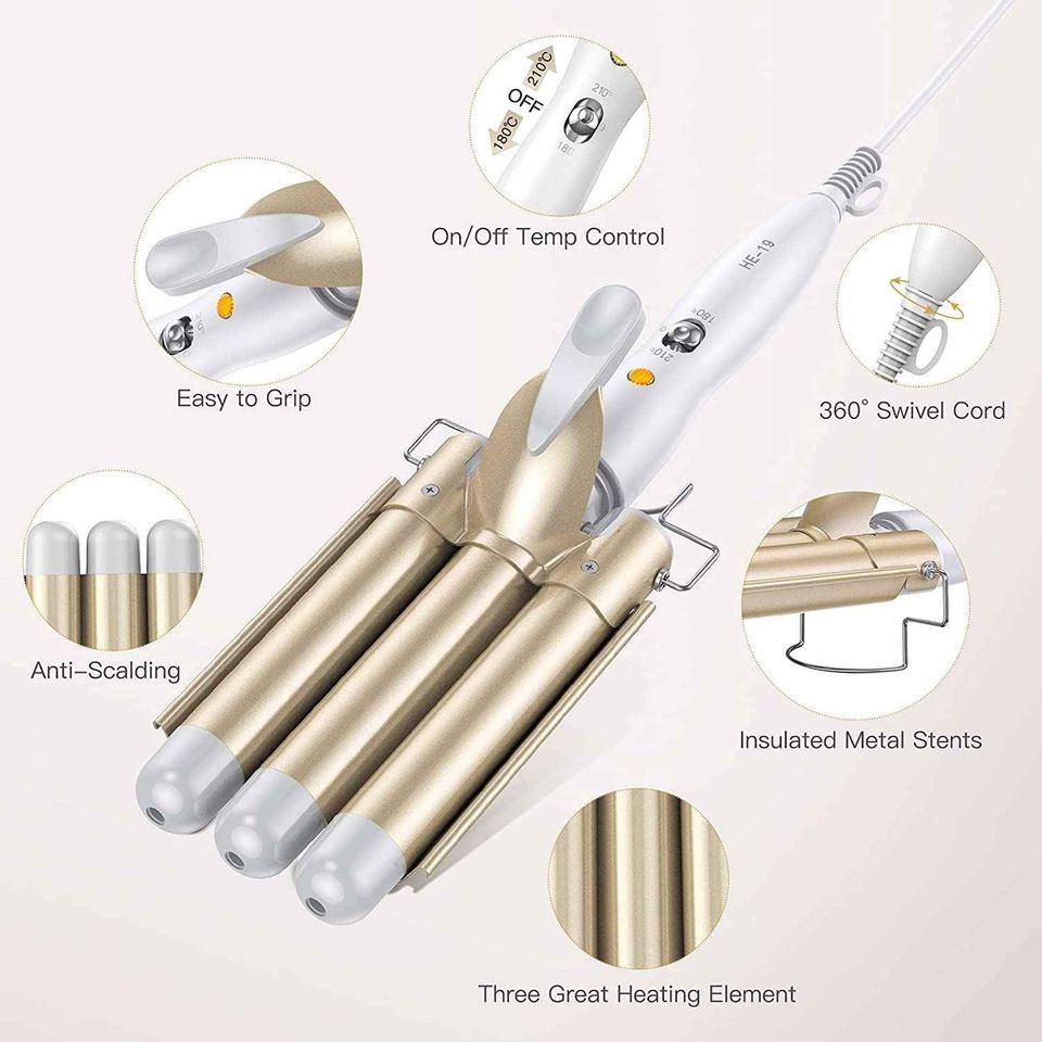 Beauty Hair Curling Iron Wand, 3 Barrels 1 Inch Ceramic Tourmaline Coating Hair Crimper