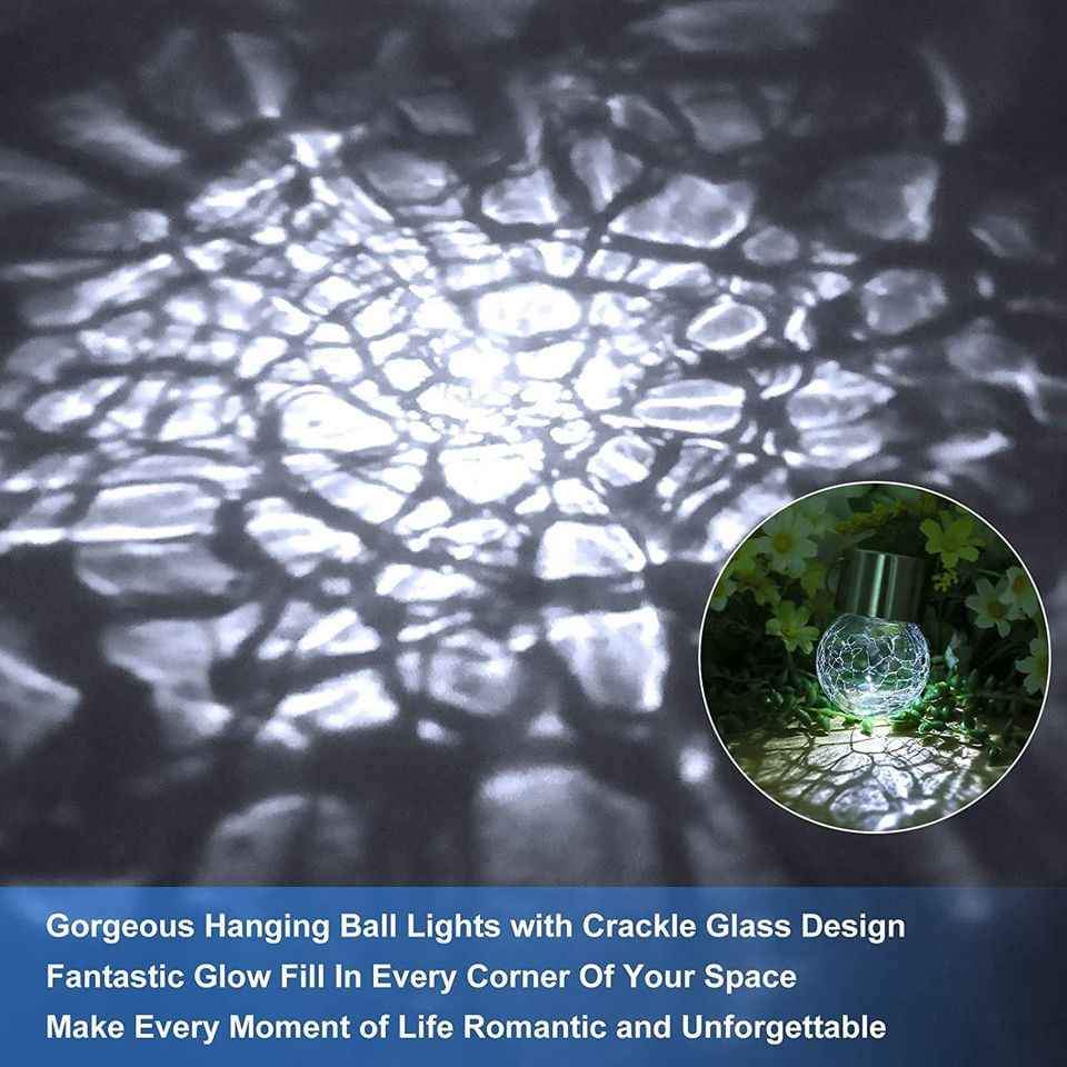 12 Pack LED Globe Solar Lights Crackle Glass Design (Daylight White)