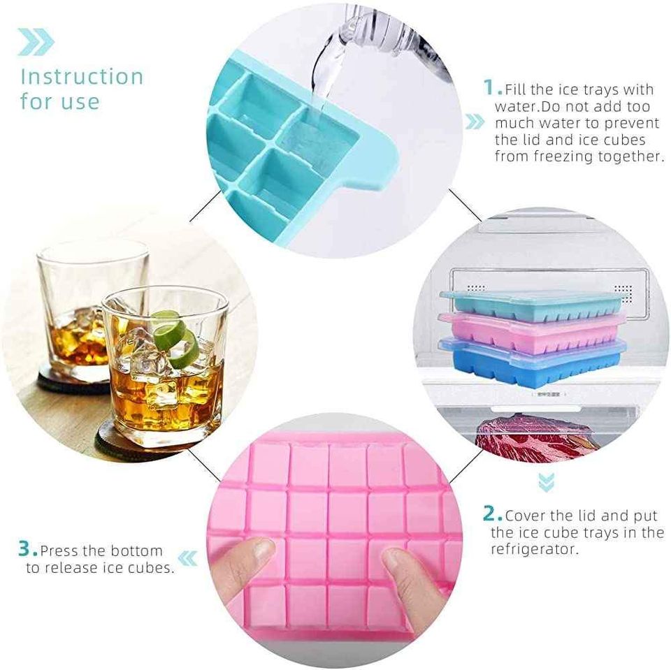 3 Pack Silicone Ice Cube Trays with Lid (Teal, Blue, Pink)