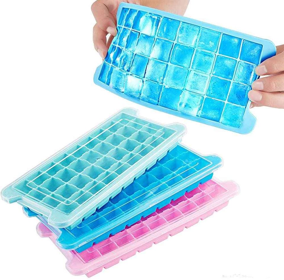 3 Pack Silicone Ice Cube Trays with Lid (Teal, Blue, Pink)