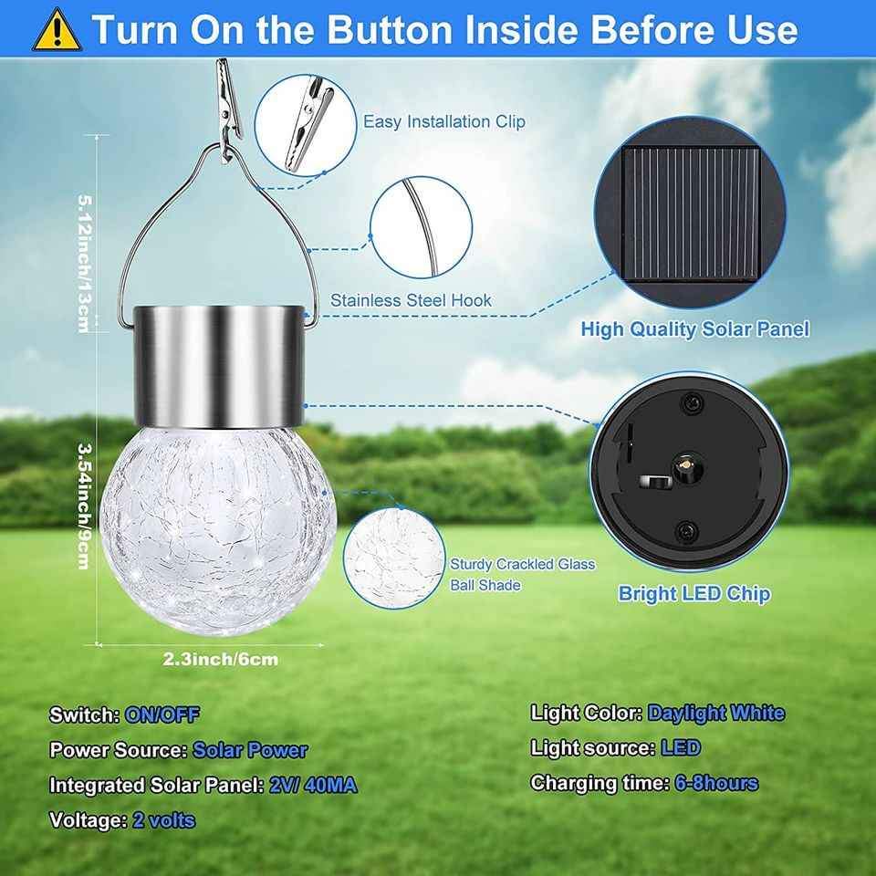 12 Pack LED Globe Solar Lights Crackle Glass Design (Daylight White)