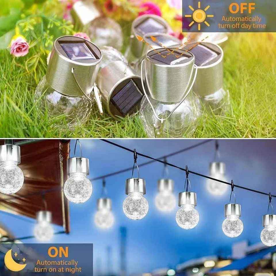 12 Pack LED Globe Solar Lights Crackle Glass Design (Daylight White)