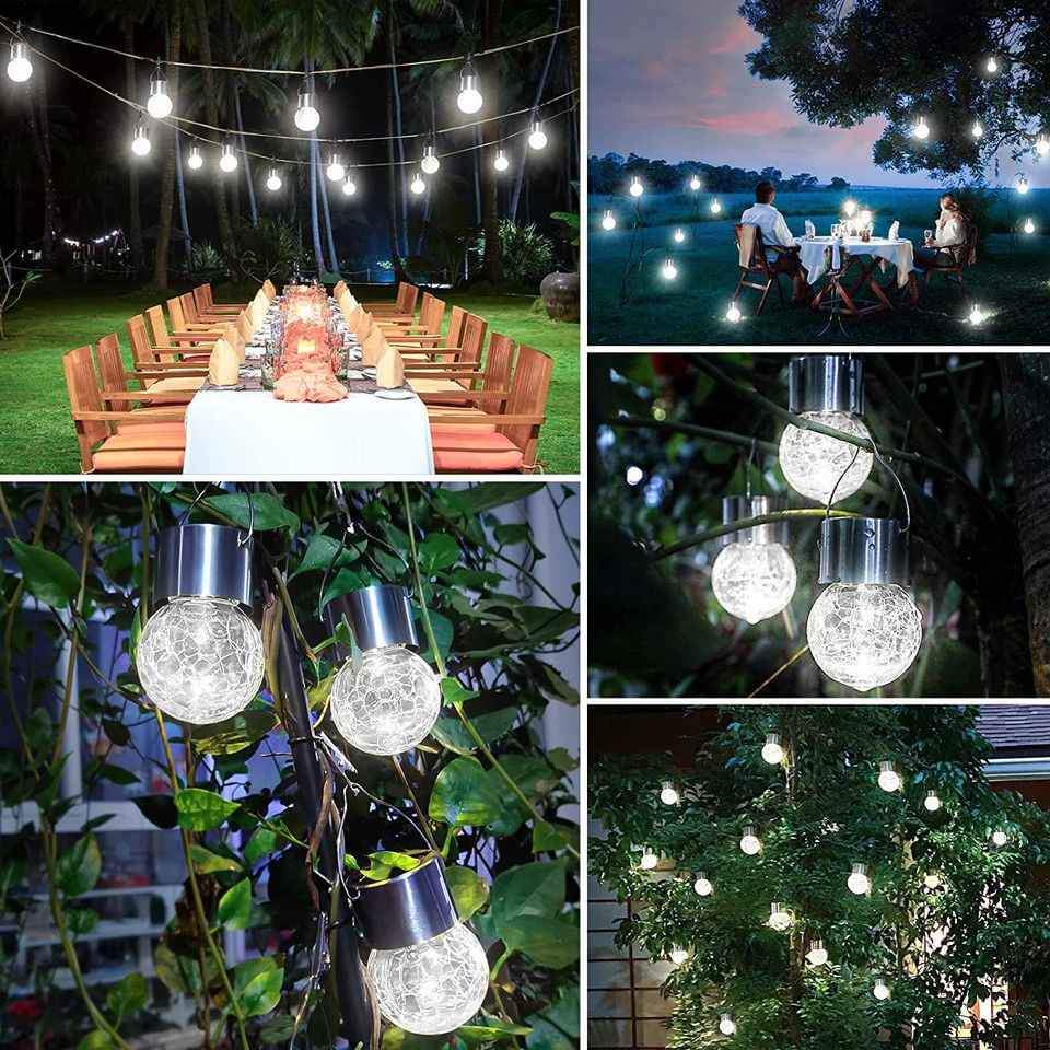 12 Pack LED Globe Solar Lights Crackle Glass Design (Daylight White)