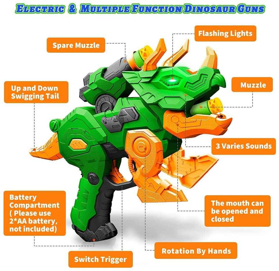 Dino Toy Gun 2 Pack Electric Blaster Soft Foam Dart Bullets Guns Toy for Ages 4+