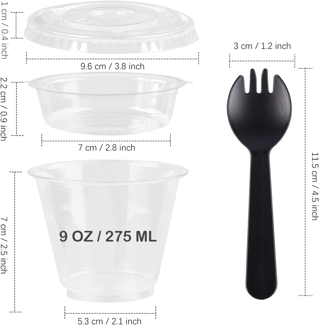 50 Pack 9 oz Plastic Clear Dessert Cups with Dome Lids No Hole Disposable Snack Bowls