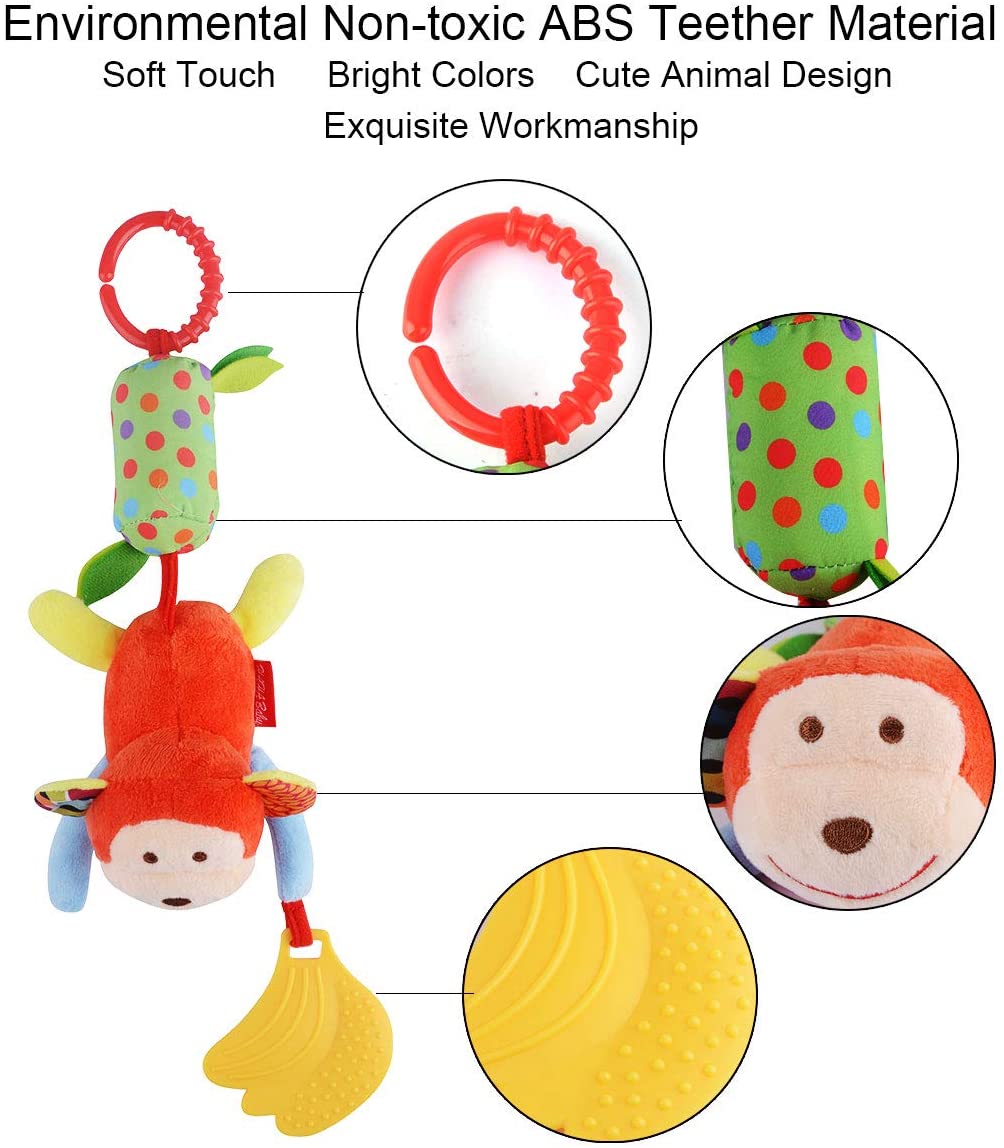 Baby Toys Soft Hanging Sensory Learning Toy Infant Newborn Stroller Car Seat Crib Travel Activity Plush Animal Wind Chime with Teether for Boys Girls