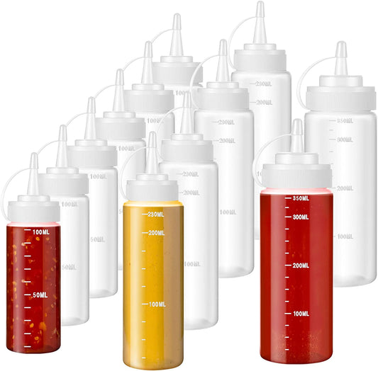 12 Pack Plastic Squeeze Bottles Set 12 oz 8 oz 3.5 oz Condiment Squeeze Bottles with Caps Clear Ketchup Bottle