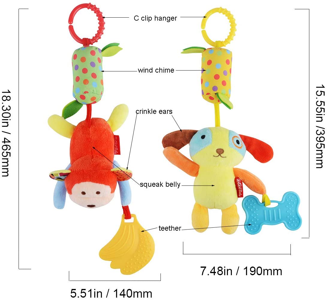 Baby Toys Soft Hanging Sensory Learning Toy Infant Newborn Stroller Car Seat Crib Travel Activity Plush Animal Wind Chime with Teether for Boys Girls