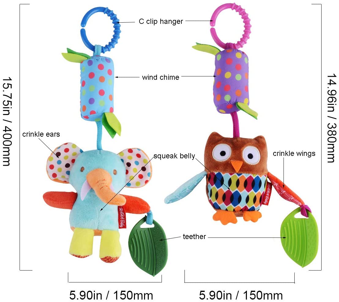 Baby Toys Soft Hanging Sensory Learning Toy Infant Newborn Stroller Car Seat Crib Travel Activity Plush Animal Wind Chime with Teether for Boys Girls