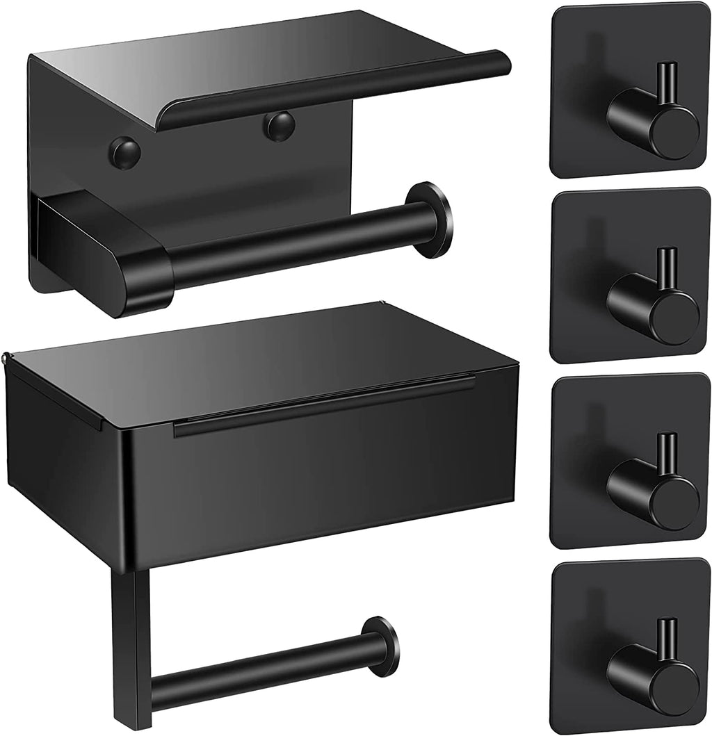 Toilet Paper Holder with 4 Towel Robe Hooks Stainless Steel Wall Mounted Roll Storage for Bathroom