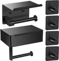 Toilet Paper Holder with 4 Towel Robe Hooks Stainless Steel Wall Mounted Roll Storage for Bathroom