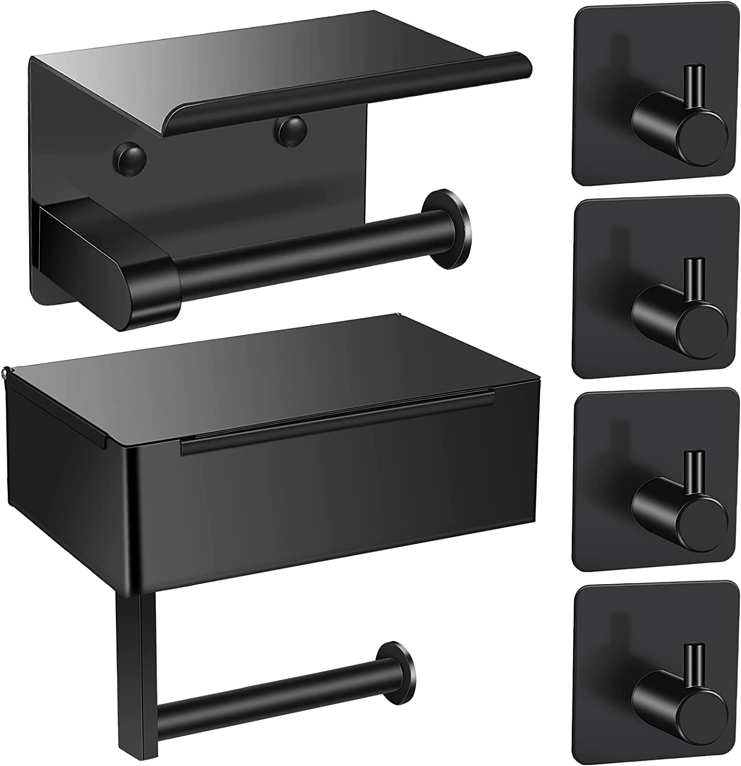 Toilet Paper Holder with 4 Towel Robe Hooks Stainless Steel Wall Mounted Roll Storage for Bathroom