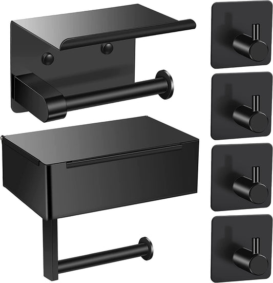 Toilet Paper Holder with 4 Towel Robe Hooks Stainless Steel Wall Mounted Roll Storage for Bathroom