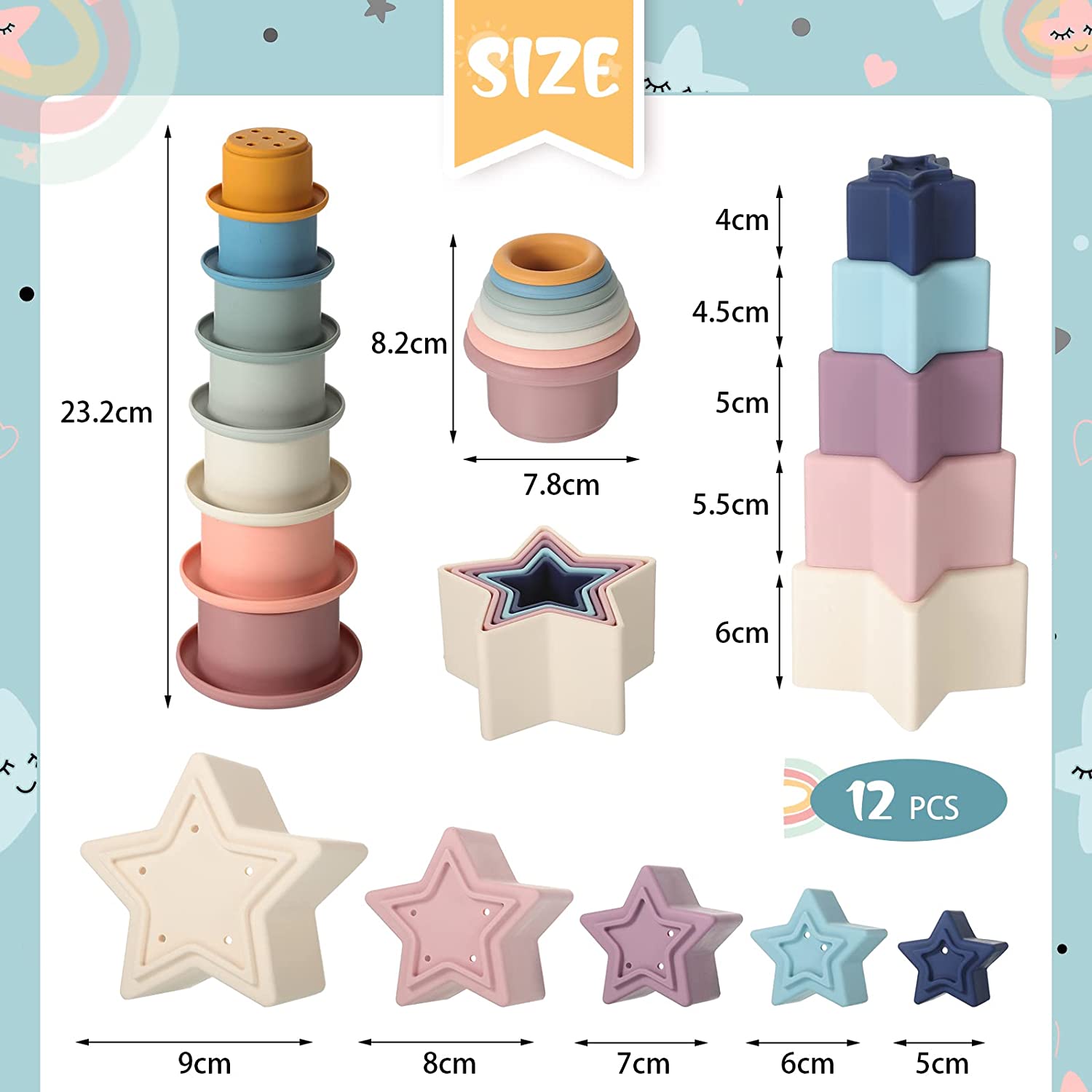 2 Sets Stacking Cups Toy and Nesting Stars Toy, Nesting Cup Montessori Stacking Toy