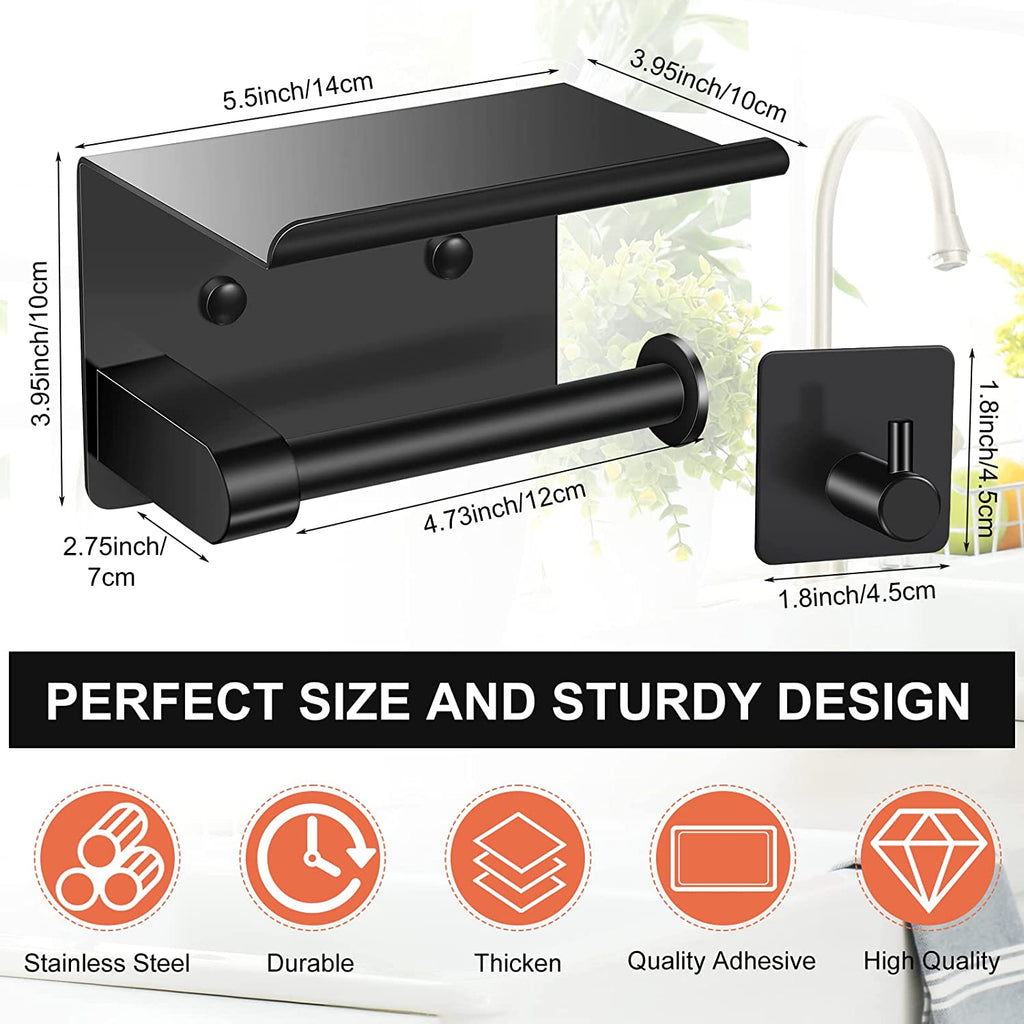 Toilet Paper Holder with 4 Towel Robe Hooks Stainless Steel Wall Mounted Roll Storage for Bathroom