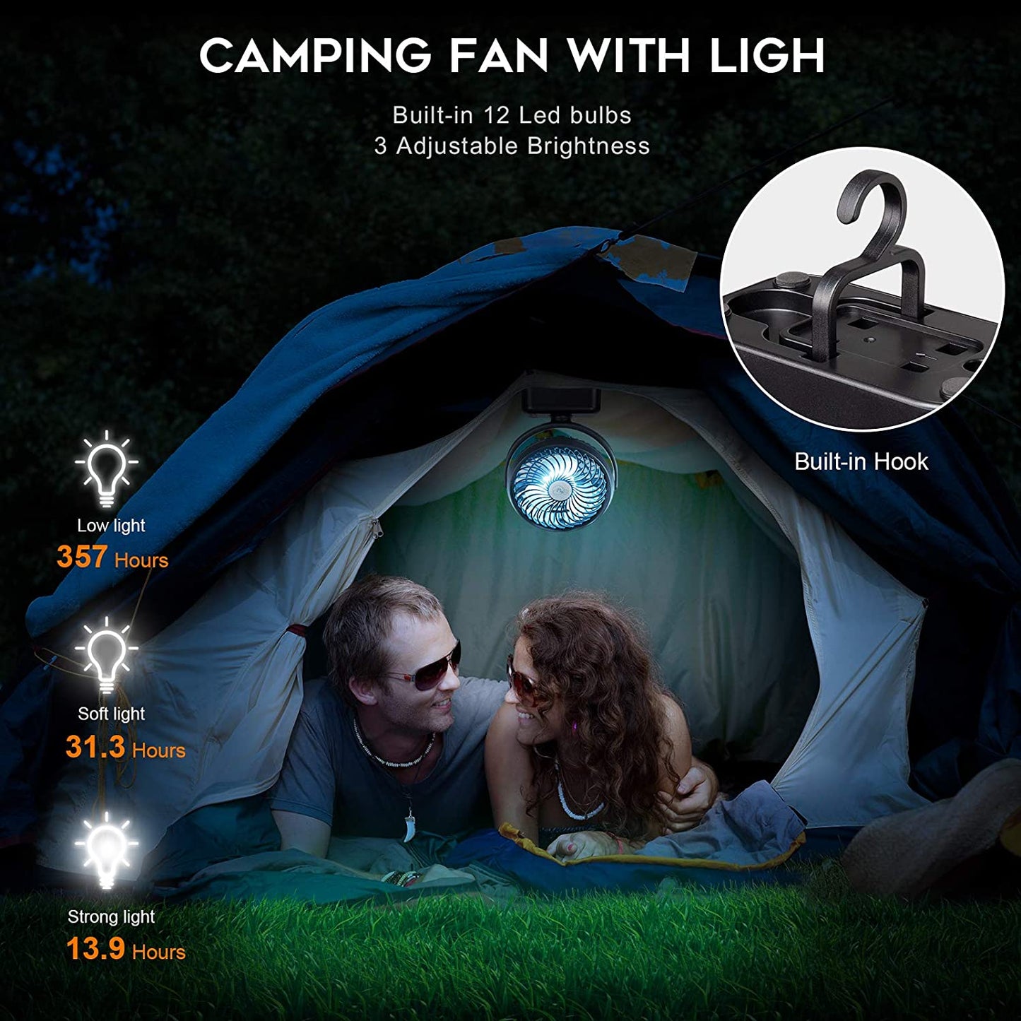 Portable Stroller Camping Fan with LED Light, Oscillation & Built Rechargeable Battery 5000mAh