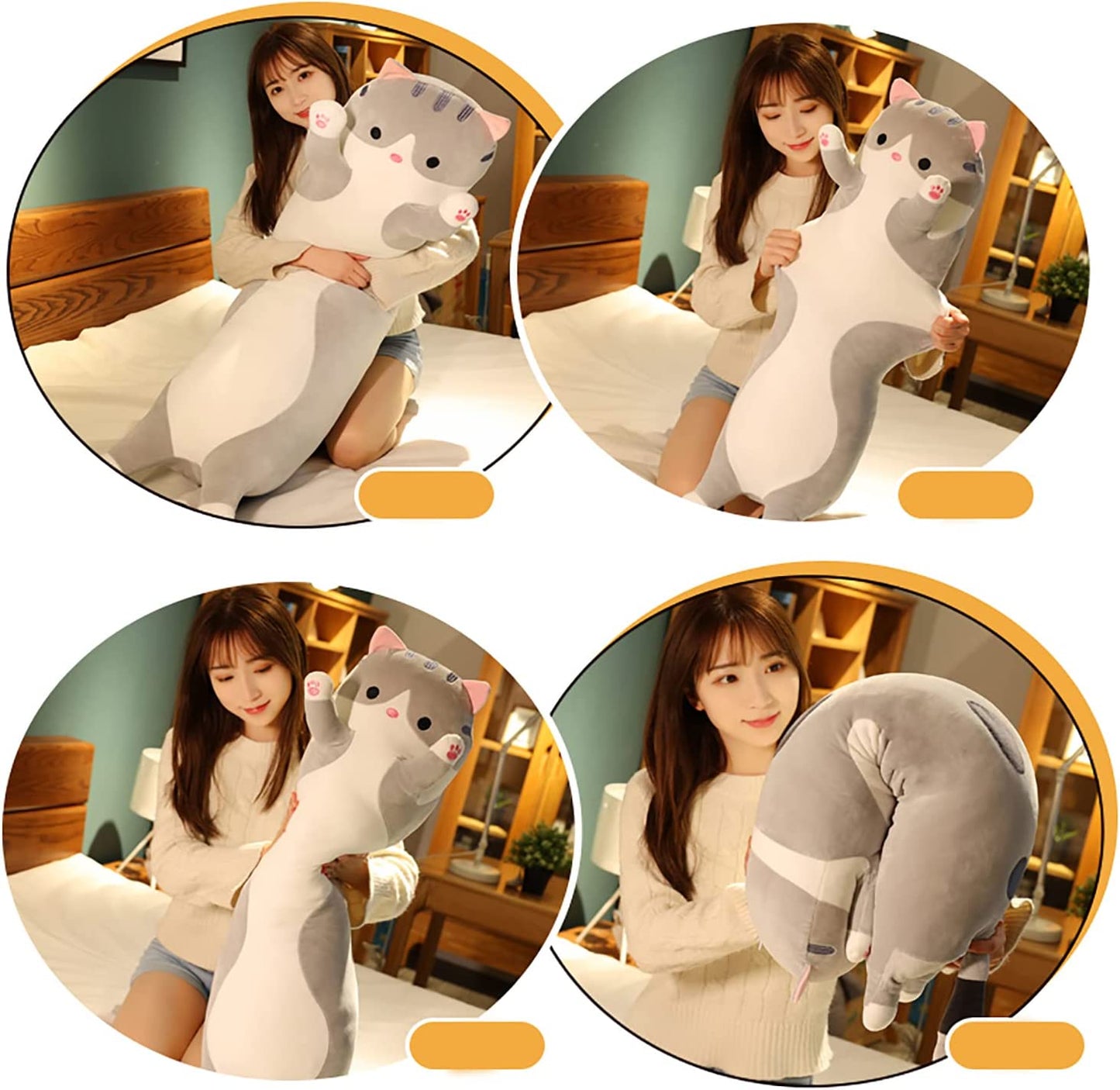 Cat Plush Long Throw Pillow Lifelike Animal Pillows Plush Toy (Gray, 130cm/51Inch)