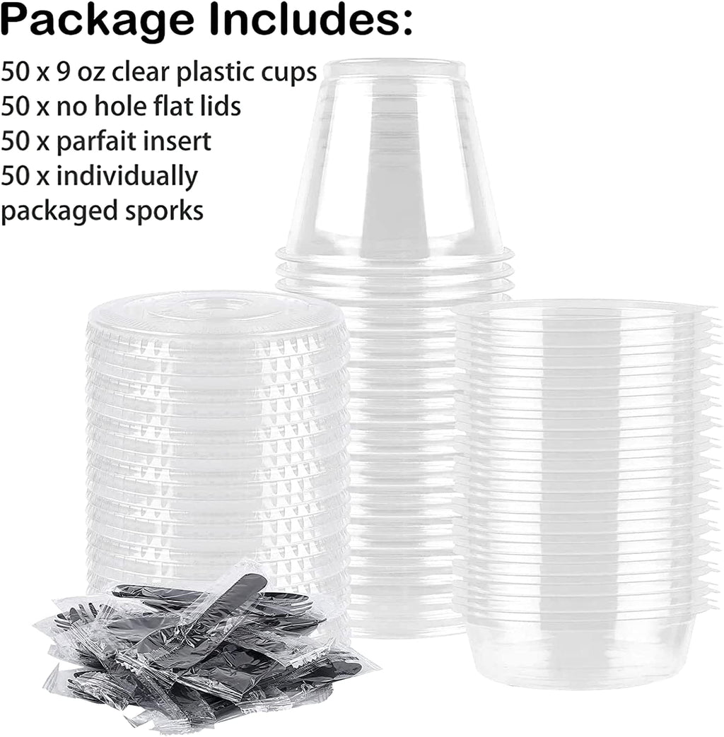 50 Pack 9 oz Plastic Clear Dessert Cups with Dome Lids No Hole Disposable Snack Bowls