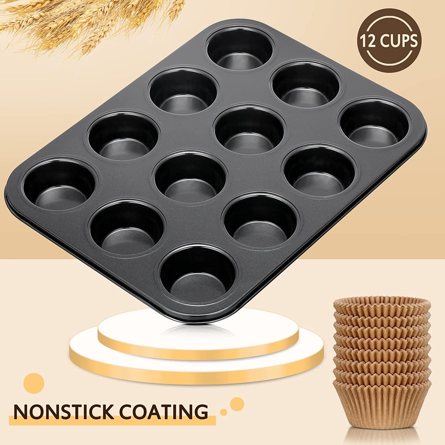 2 Pieces Non Stick 12 Cupcake Pan 200 Pieces Standard Size Baking Cups Greaseproof