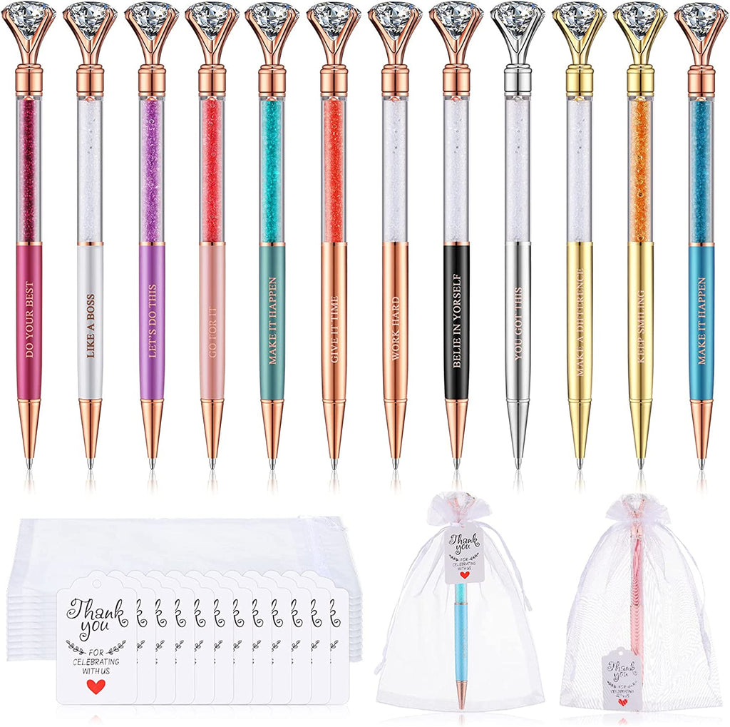 12 Pcs Bling Bling Inspirational Crystal Pen Set Ballpoint Pen Black Ink Gift Pen with Tag Bag