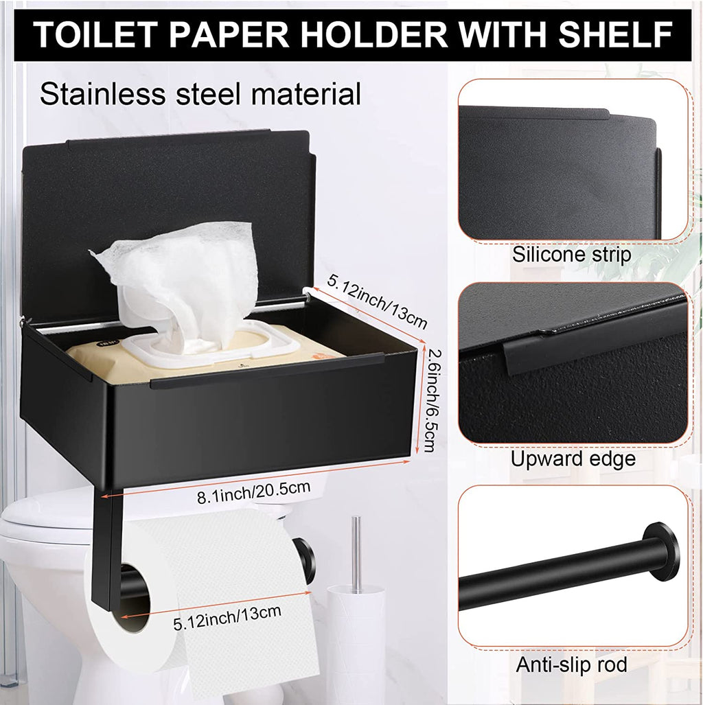 Toilet Paper Holder with 4 Towel Robe Hooks Stainless Steel Wall Mounted Roll Storage for Bathroom