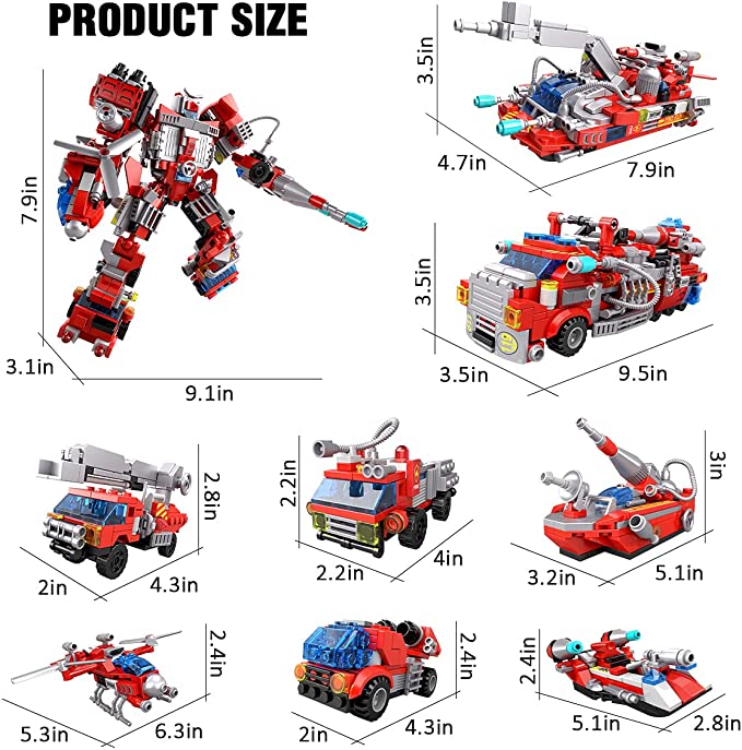 STEM Building Toys for Kids 9 in 1 Fire Robot Building Toy, Build Brick Set Rescue Helicopter Boat