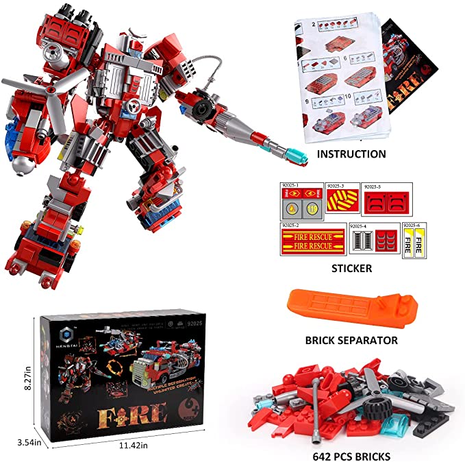 STEM Building Toys for Kids 9 in 1 Fire Robot Building Toy, Build Brick Set Rescue Helicopter Boat