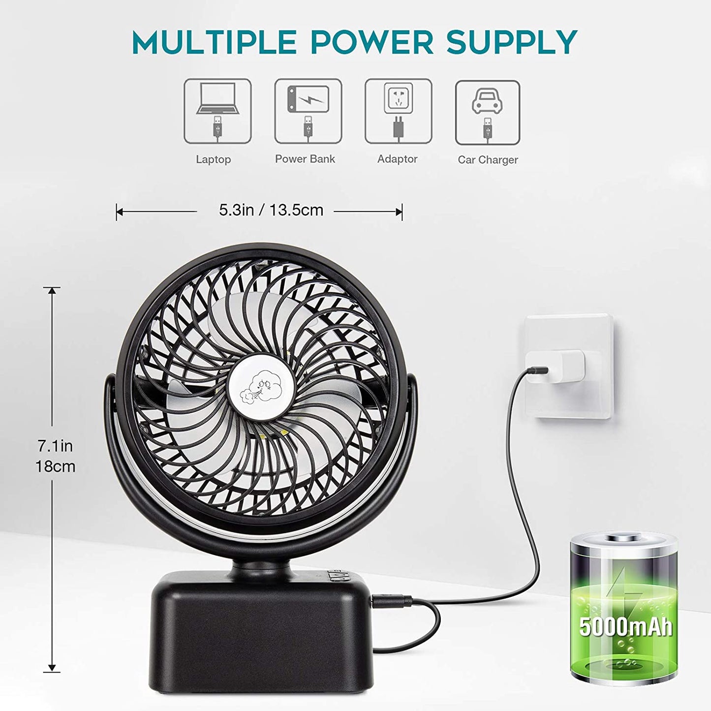 Portable Stroller Camping Fan with LED Light, Oscillation & Built Rechargeable Battery 5000mAh