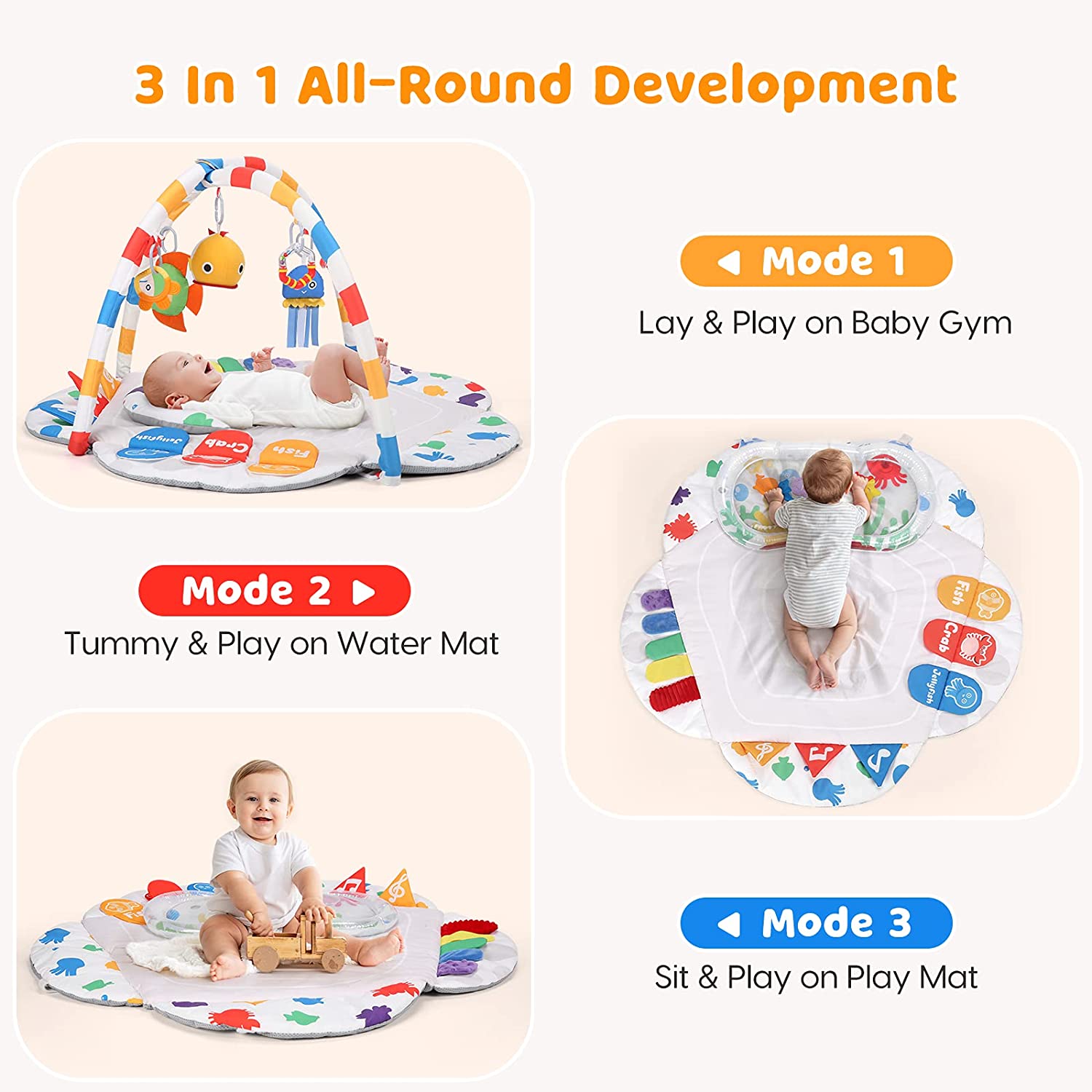 Baby Play Mat Baby Activity Mat with Water Play Mat, 3 in 1 Baby Play Gym Mat