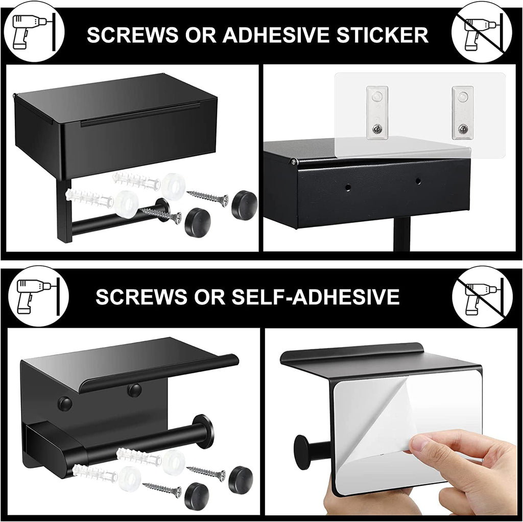 Toilet Paper Holder with 4 Towel Robe Hooks Stainless Steel Wall Mounted Roll Storage for Bathroom