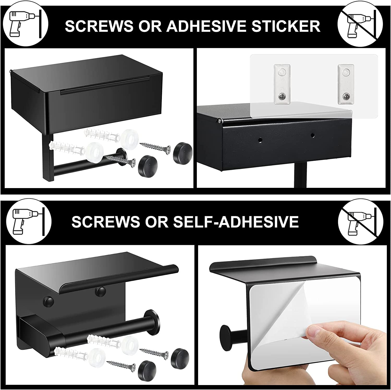 Toilet Paper Holder with 4 Towel Robe Hooks Stainless Steel Wall Mounted Roll Storage for Bathroom