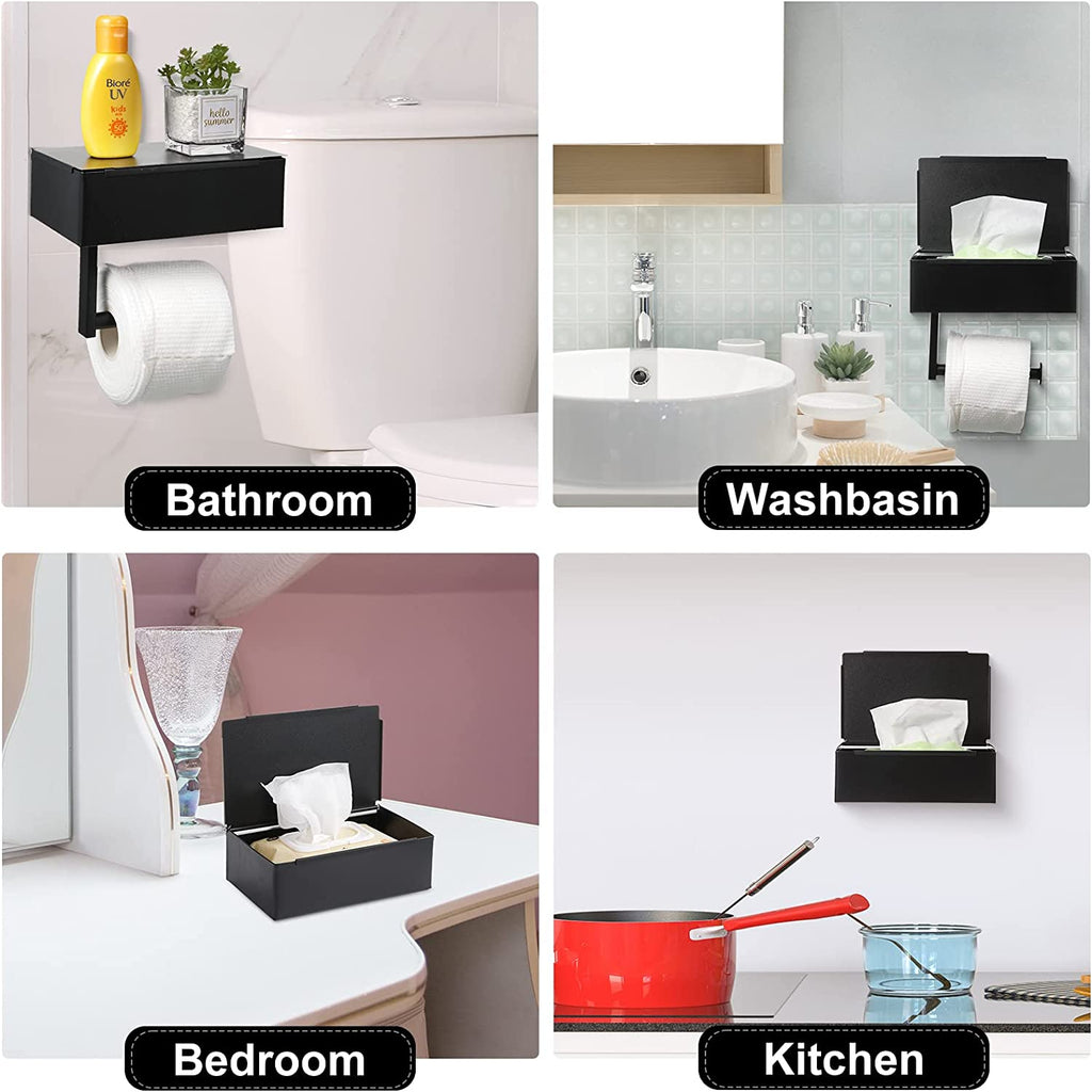 Toilet Paper Holder with 4 Towel Robe Hooks Stainless Steel Wall Mounted Roll Storage for Bathroom