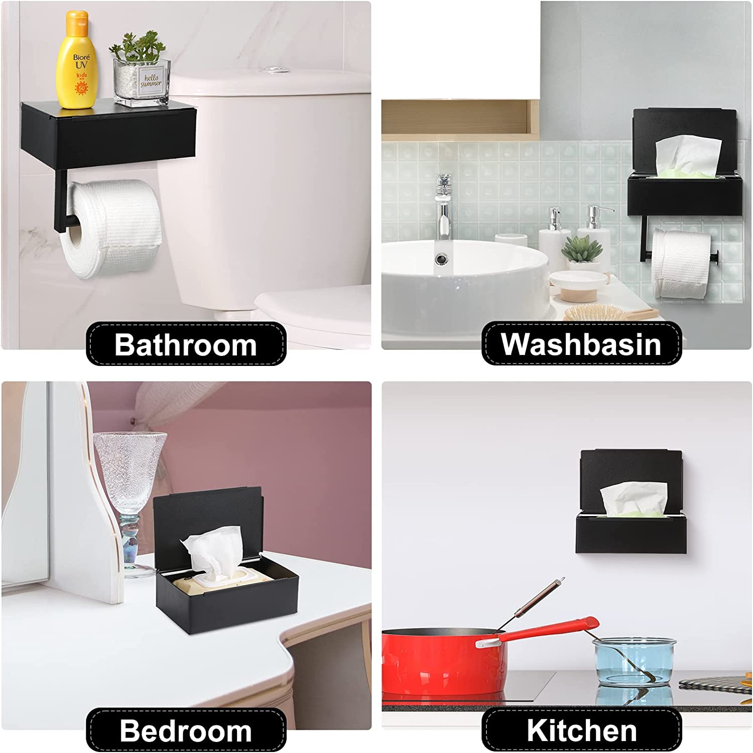 Toilet Paper Holder with 4 Towel Robe Hooks Stainless Steel Wall Mounted Roll Storage for Bathroom
