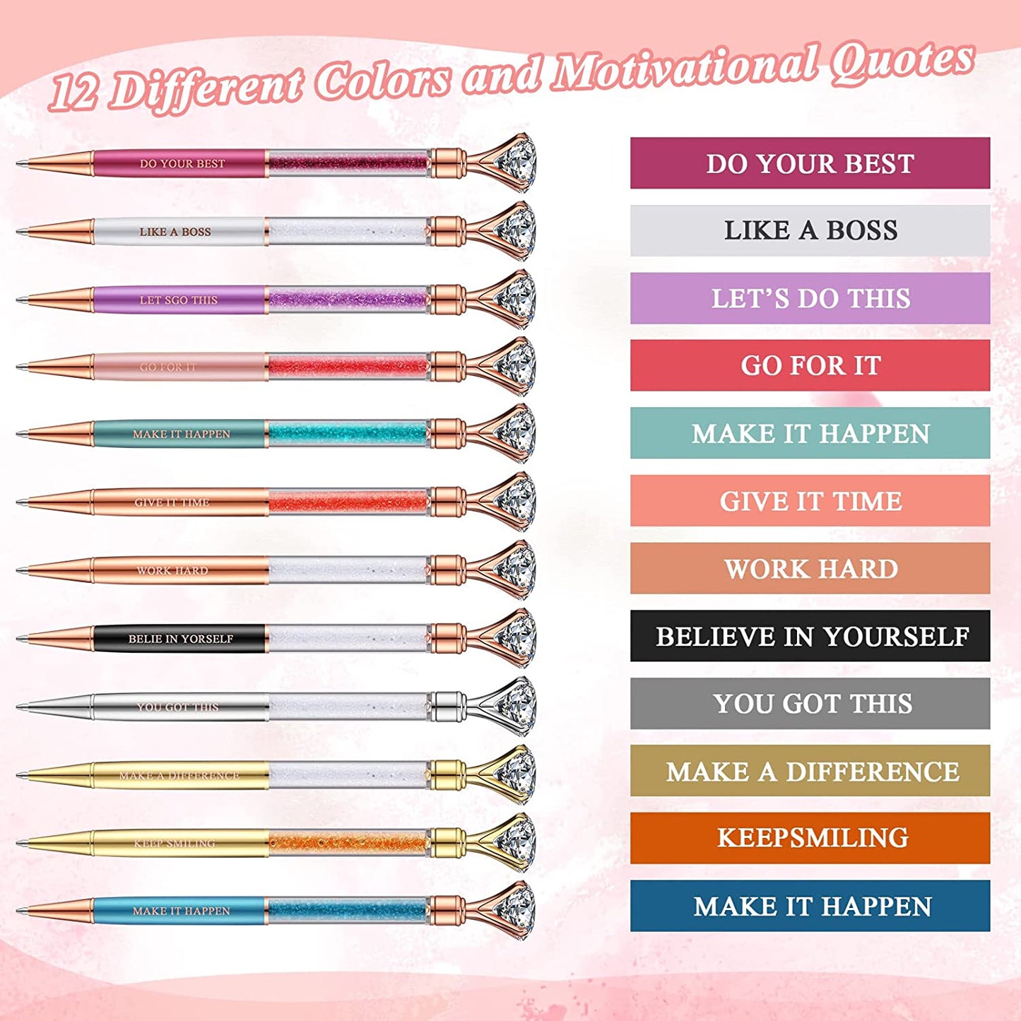 12 Pcs Bling Bling Inspirational Crystal Pen Set Ballpoint Pen Black Ink Motivational Quotes Gift Pen with Tag Bag