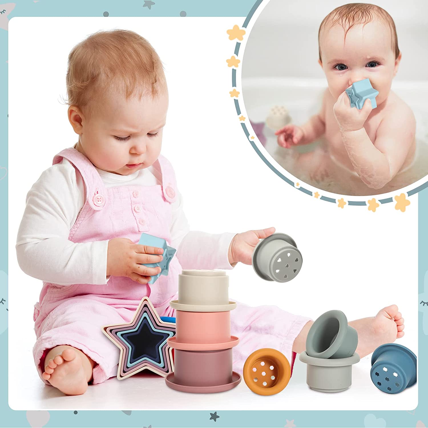 2 Sets Stacking Cups Toy and Nesting Stars Toy, Nesting Cup Montessori Stacking Toy
