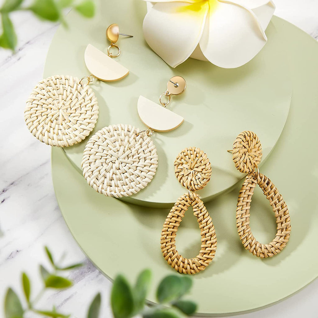 4 Pairs Rattan Earrings Lightweight Geometric Statement Drop Dangle Earrings Tassel Bohemian Earrings - Christmas