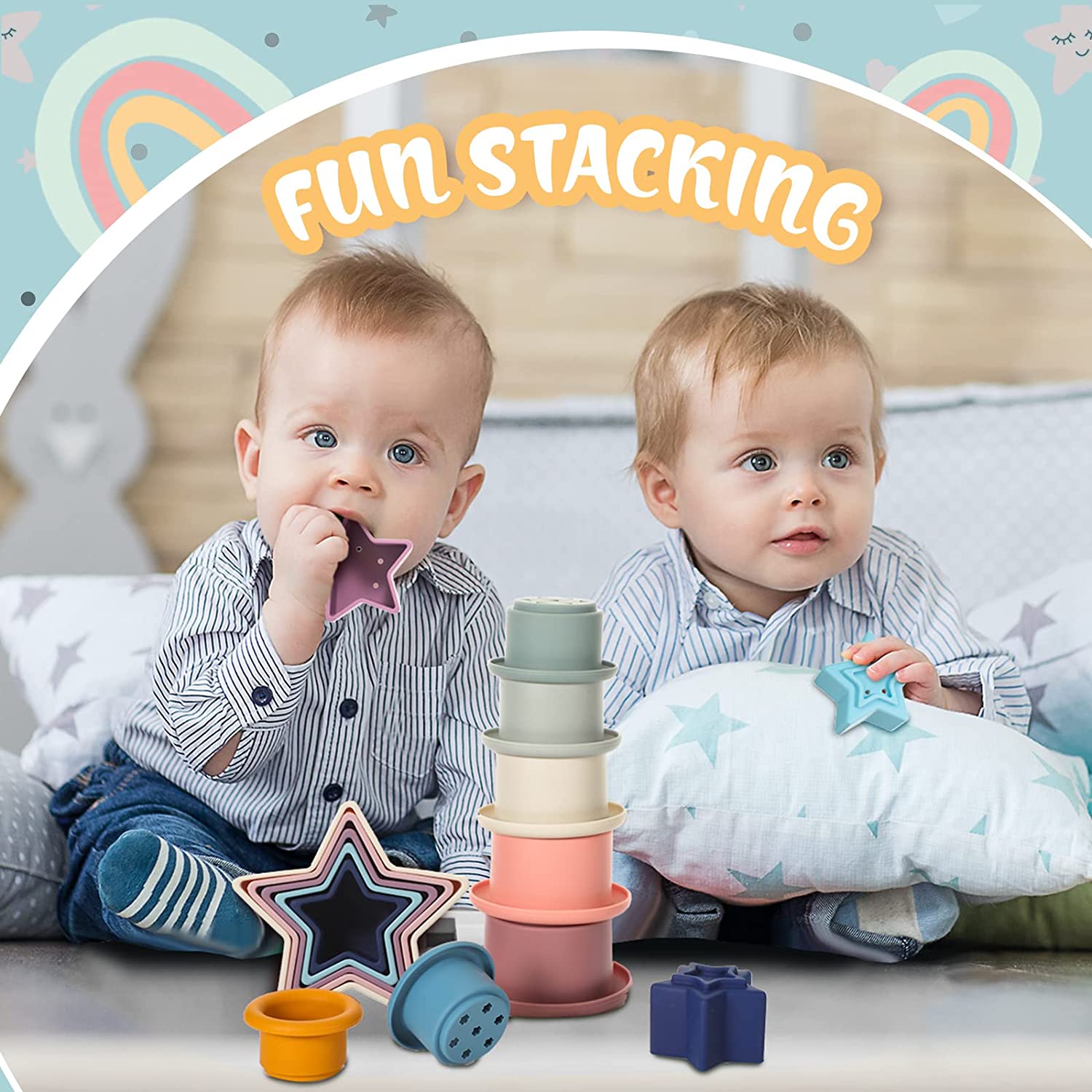 2 Sets Stacking Cups Toy and Nesting Stars Toy, Nesting Cup Montessori Stacking Toy