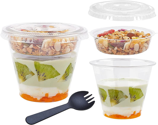 50 Pack 9 oz Plastic Clear Dessert Cups with Dome Lids No Hole Disposable Snack Bowls