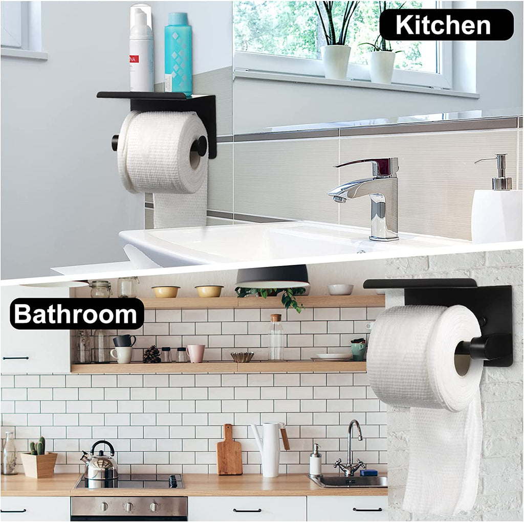 Toilet Paper Holder with 4 Towel Robe Hooks Stainless Steel Wall Mounted Roll Storage for Bathroom