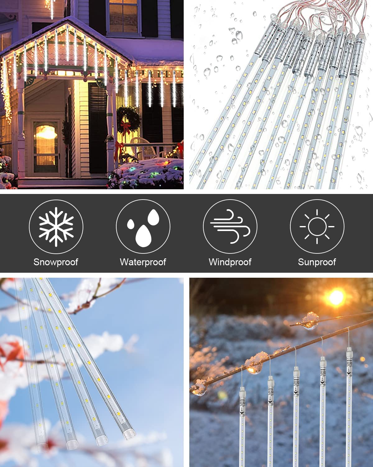 White Meteor Shower Rain Lights LED Icicle Light Snow Falling Christmas Lights 10 Tubes 540 LEDS