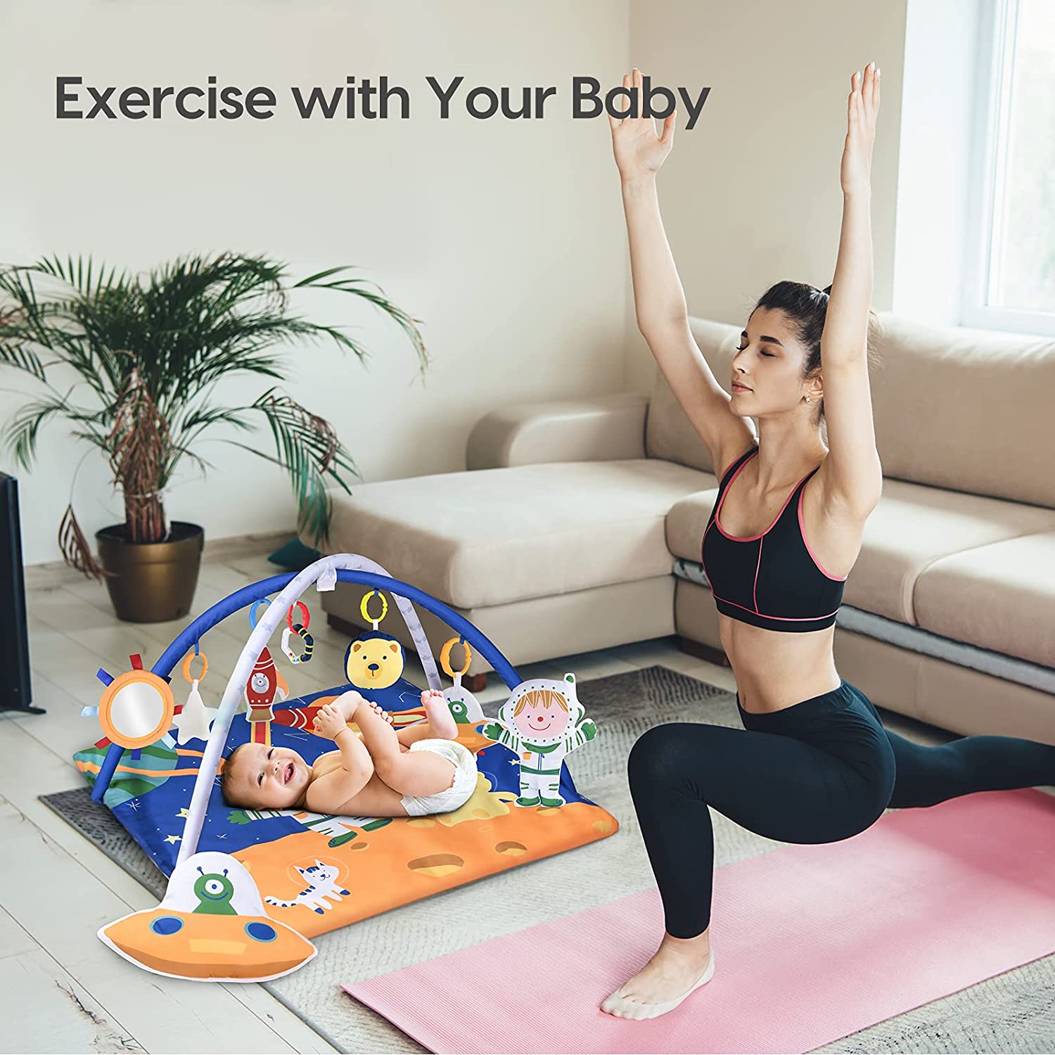 Baby Play Gym Mat, 2 Replaceable Washable Covers Baby Activity Play Mat with 8 Toys, Visual, Hearing, Touch, Cognitive Development for Baby
