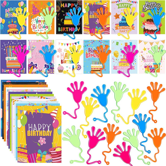 96 Pcs Christmas Party Favors for Kids 48 Sticky Hands and 48 Birthday Cards, Christmas Stretchy Sticky Hands