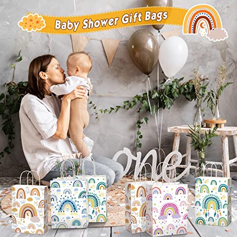 16 Pieces Boho Rainbow Gift Bags with Handles Boho Party Supplies