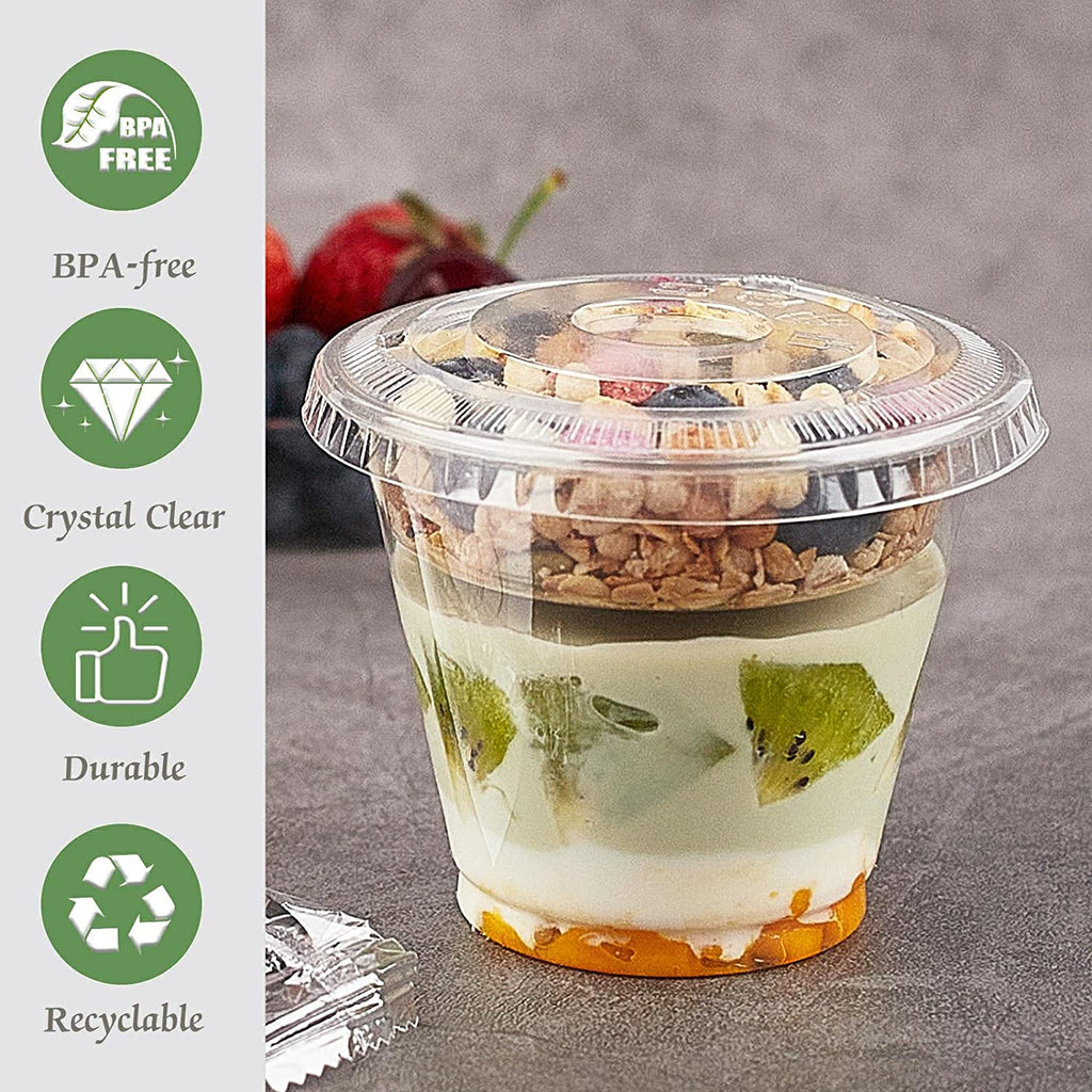 50 Pack 9 oz Plastic Clear Dessert Cups with Dome Lids No Hole Disposable Snack Bowls