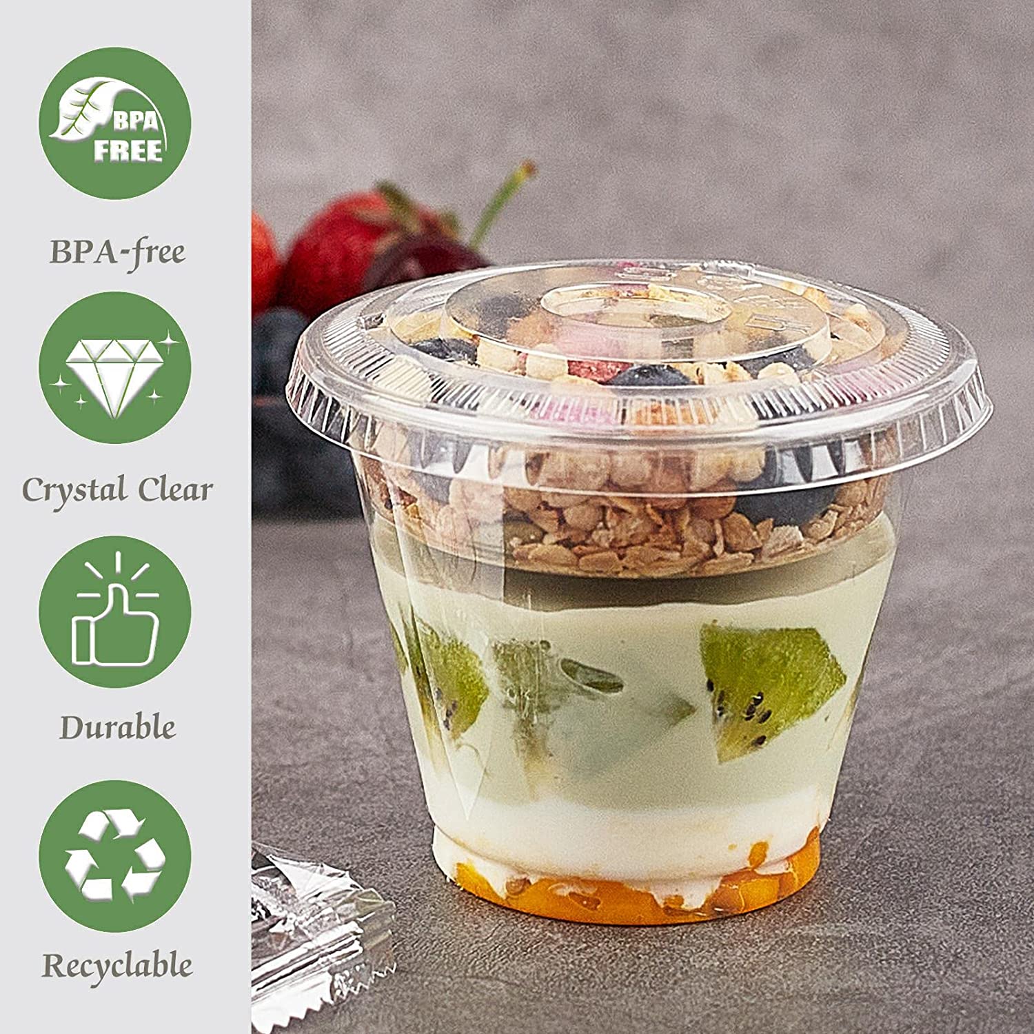 50 Pack 9 oz Plastic Clear Dessert Cups with Dome Lids No Hole Disposable Snack Bowls