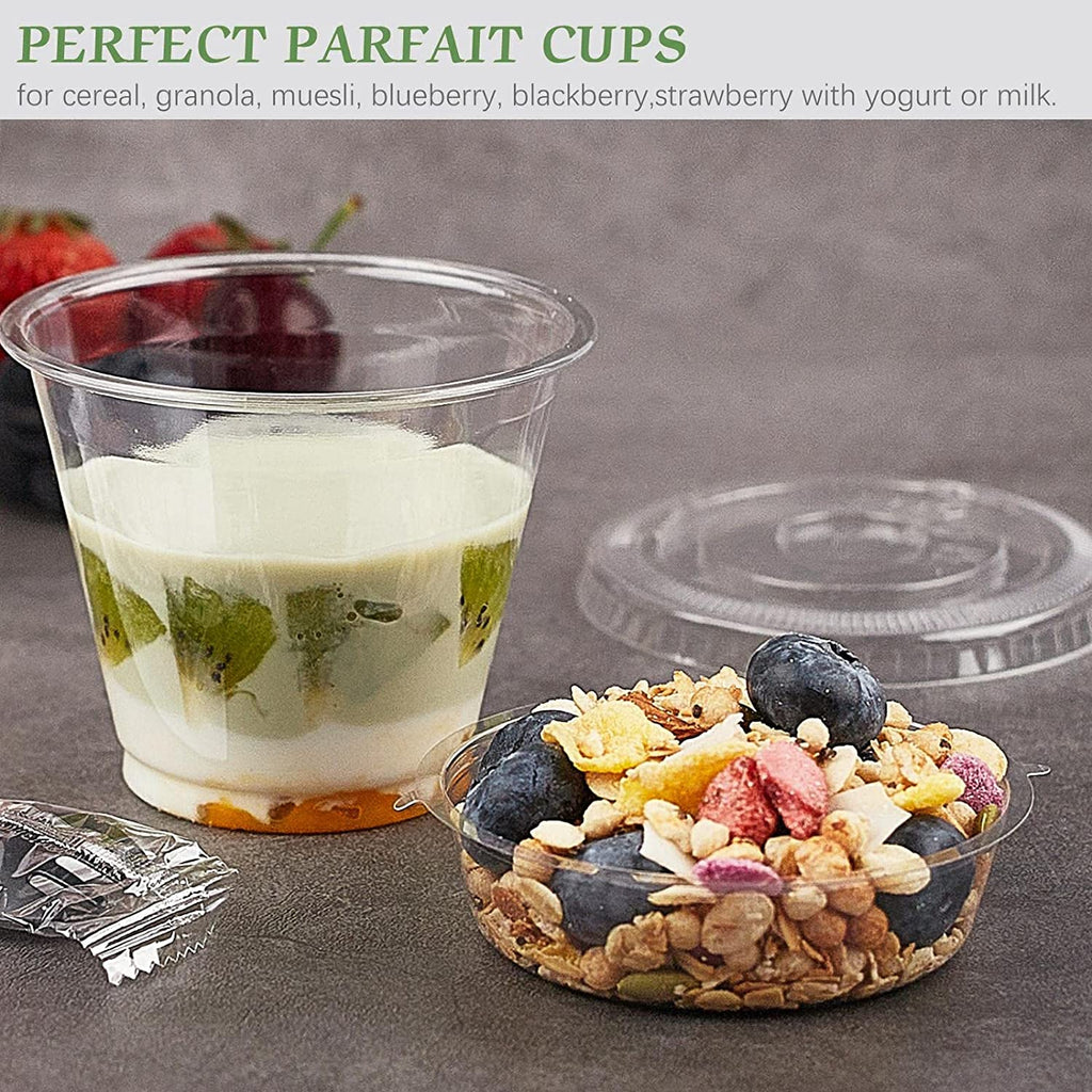 50 Pack 9 oz Plastic Clear Dessert Cups with Dome Lids No Hole Disposable Snack Bowls