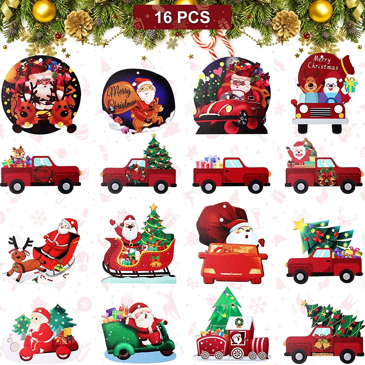 16 Pieces Christmas Wood Truck Ornaments Christmas Red Truck Ornaments Christmas Truck Hanging Crafts Wooden Ornament Xmas Red Truck