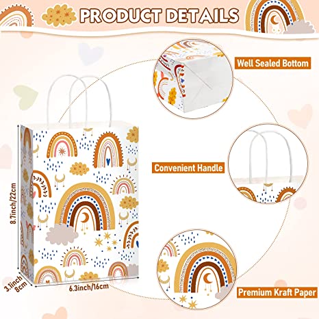 16 Pieces Boho Rainbow Gift Bags with Handles Boho Party Supplies