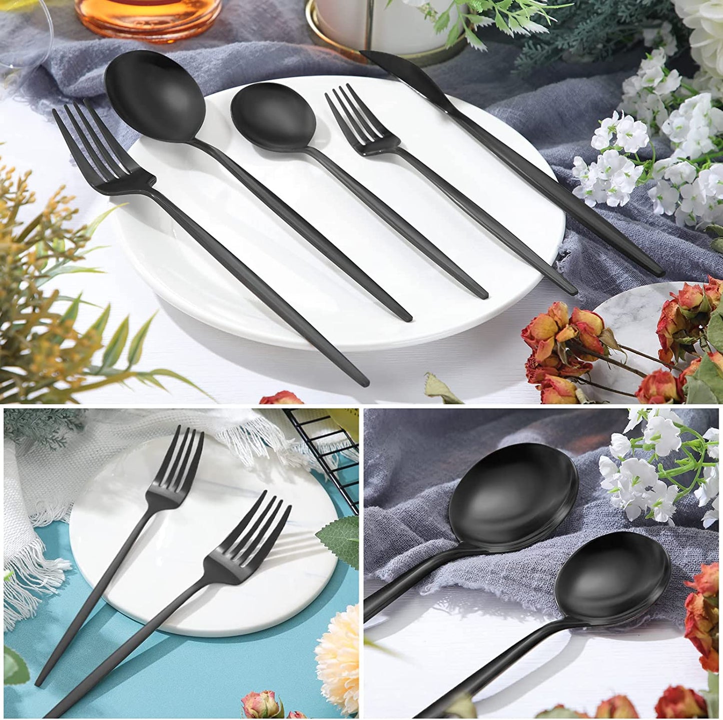 60 Pieces Black Stainless Steel Flatware Spoon Fork Knives Set